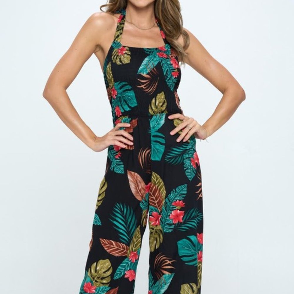 HALTER TROPICAL PRINT JUMPSUIT